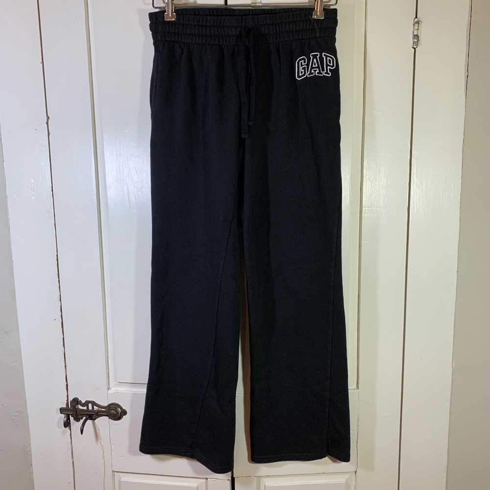 GAP‎ Womens Black Fleece Wide Leg Sweatpants Logo Drawstring Joggers XS